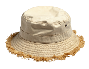 Beige bucket hat with frayed fringe