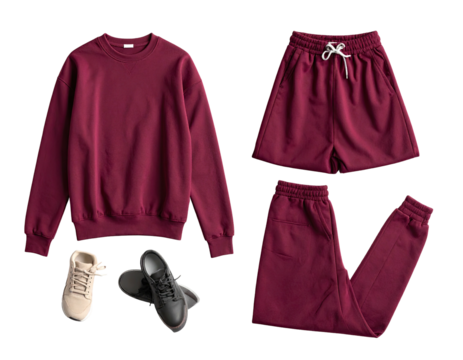 Burgundy athletic tracksuit and shoes