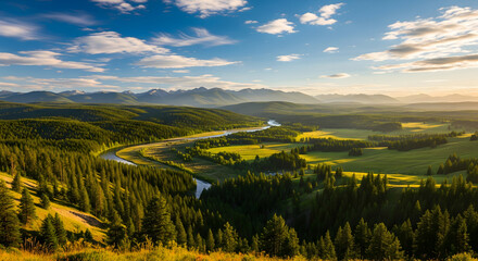 Naklejka premium Curving River Through a Vast Mountain Forest Valley