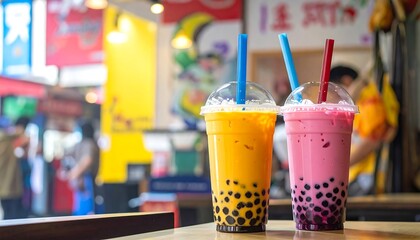 Colorful Bubble Tea Drinks on Table.