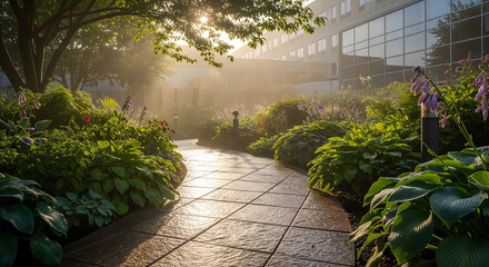 Obraz premium Sunlit Garden Path Leading to a Modern Building