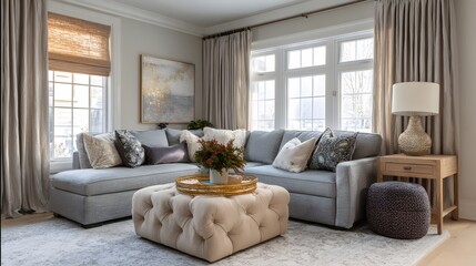Fototapeta premium Subtle tone curtains styled in cozy family living room