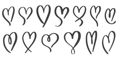 Hearts vector icons. Lovely hand-drawn shapes. Brush stroke cute symbols isolated on white background. Doodle outline symbols. Black scribbles for Valentine Day design. Romantic collection