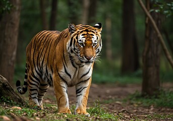 A majestic tiger with orange and black stripes walks through a lush green forest, looking forward.