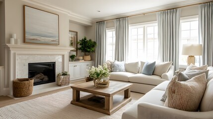 Fototapeta premium Subtle tone curtains styled in cozy family living room