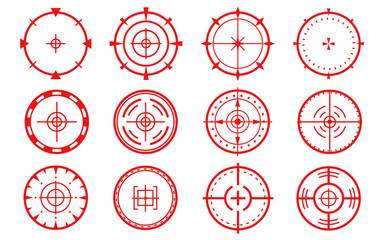 Target vector icons with crosshair for aim. Military red symbols of bullseye on rifle. Circle weapon hud marks on white background. Radar set for camera interface. Vector illustration