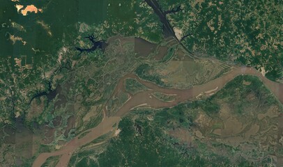 Amazon River, Brazil: High-Resolution Aerial View of Winding Waterway and Dense Rainforest