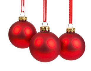 Three red Christmas ornaments hanging on ribbons