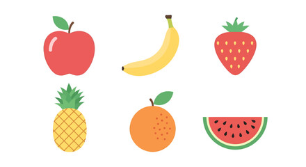 A collection of colorful healthy fruit and vegetable icons including apple, banana, strawberry, orange, and grapes