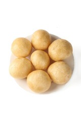 Golden Fried Tofu Balls on White Plate - Healthy Vegetarian Soybean Protein Food