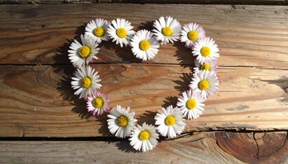 Heart Shaped Daisy Arrangement on Wooden Background.