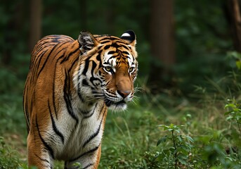 A majestic tiger with orange and black stripes walks through a lush green forest.
