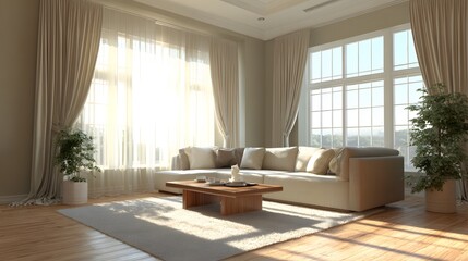 Fototapeta premium Home lifestyle render showing curtain and cozy sofa