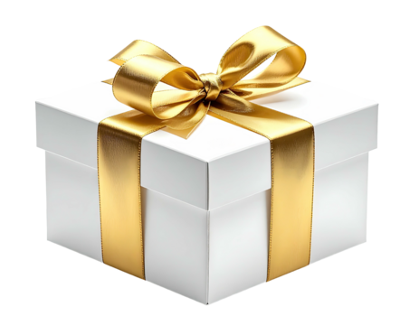 A white gift box with gold ribbon