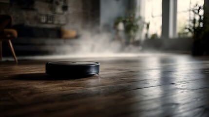 A modern robot vacuum cleaner operates autonomously on a polished hardwood floor with soft atmospheric mist in the background