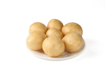 Golden Fried Tofu Balls on White Plate - Vegetarian Soybean Protein Food for Healthy Asian Cuisine