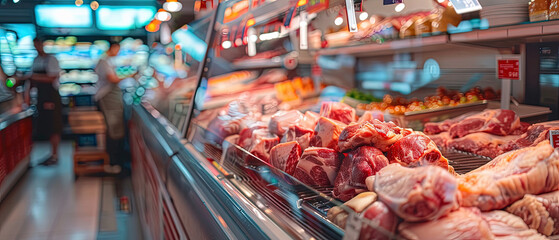 Various cuts of raw red meat arranged in a refrigerated display case at a butcher counter inside a grocery or meat shop.