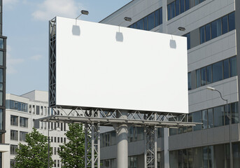 Obraz premium Blank Billboard Facade Amidst Contemporary Urban Architecture and Skyscrapers