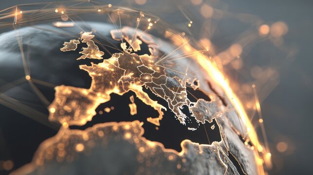 Glowing Map of Europe with Digital Connections Representing Globalization and Technology Innovations in a Futuristic Design