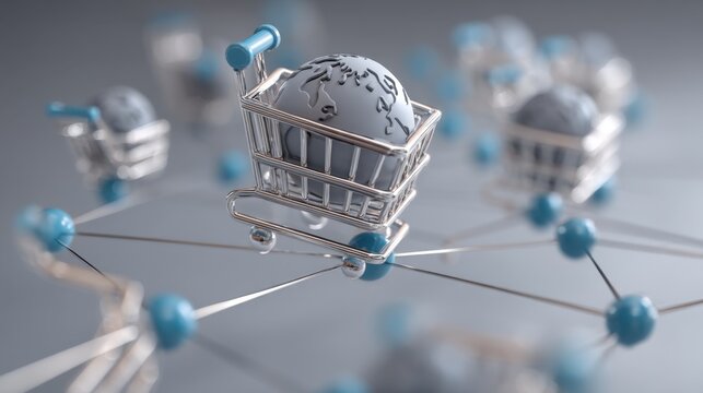 Global Shopping Concept with Mini Carts and Earth Globes in a Connected Network of Nodes Representing E-commerce and Digital Marketplace