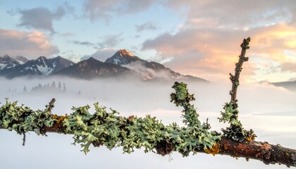 Misty Mountain Sunrise with Branch and Lichen.