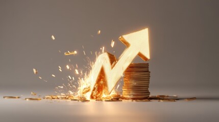Dynamic Growth Concept with Shimmering Arrow and Stacked Coins Signifying Economic Progress and Financial Success in Modern Business Environment