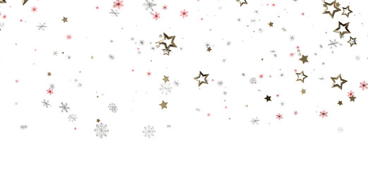 Elegant Christmas background with gold stars, snowflakes and sparkles floating on a white backdrop. Perfect for holiday design, greeting cards,