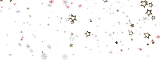Elegant Christmas background with gold stars, snowflakes and sparkles floating on a white backdrop. Perfect for holiday design, greeting cards,