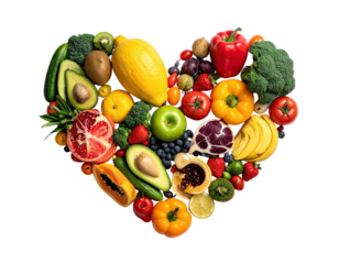 Colorful fruits and vegetables arranged in a heart shape