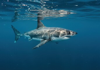 Naklejka premium Great White Shark in the Deep Ocean