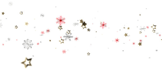 Festive holiday background with abstract falling stars and snowflakes perfect for cards and invitations. White background and copy space.