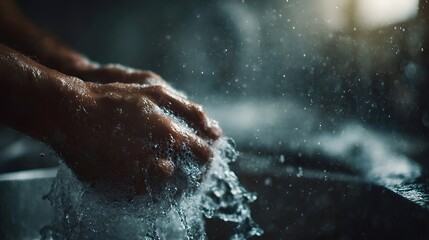 Fototapeta premium Close up of hands being washed with soap and water creating foam and splashes in a clean setting