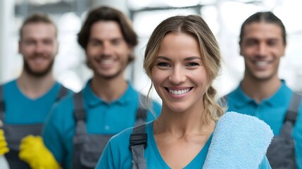 Fototapeta premium A diverse team of happy cleaning service professionals in uniform smiling and ready to provide excellent service