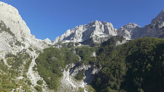 View from top of the Albanian peak down to the valbona valley during autumn hiking season