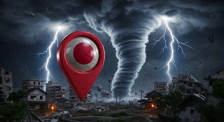 Ai Generated Image of Dramatic tornado devastation in Japan with lightning striking ruined buildings