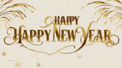 Happy new year gold text with decorative swirls and starbursts on a light background design image - Powered by Adobe