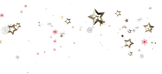 Elegant festive design featuring golden stars and snowflake confetti floating on a white backdrop,...