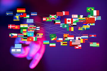 A vibrant illustration depicting the concept of global connection through a network of flags,...