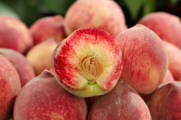 Fresh Blood Peaches from Hubei China Showing Red Flesh and Natural Pit Detail