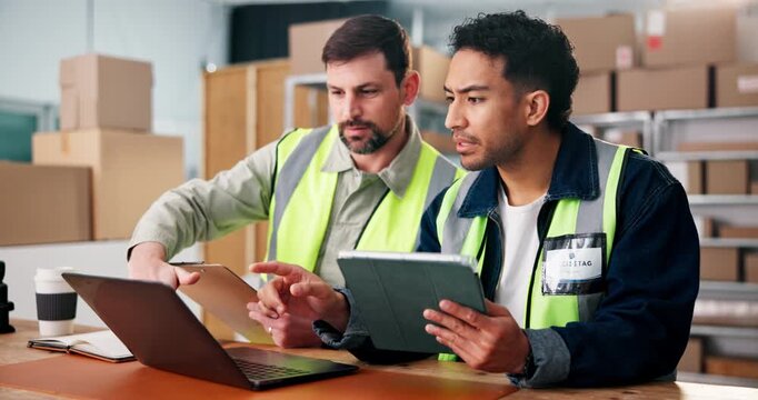 Clipboard, laptop and tablet with supply chain team in warehouse for delivery or distribution. App, computer and logistics with people in shipping depot for collaboration or online order tracking