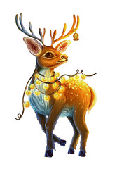 Illustration of a Christmas deer with a glowing garland and a bell. New Year's print for a festive card. Holiday Reindeer Adorned with Twinkling Christmas Lights