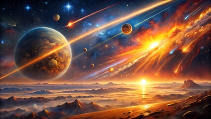 Spectacular cosmic landscape featuring planets, meteor showers, and a vibrant nebula in the distant universe