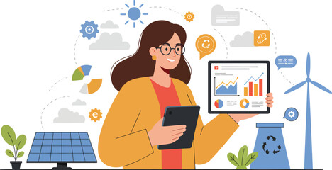 Business woman showing sustainable energy solutions for startup growth