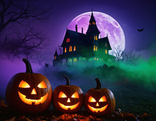 Halloween Night Scene with Pumpkins and Bats Illustration