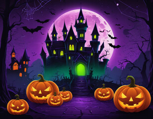 Halloween Night Scene with Pumpkins and Bats Illustration
