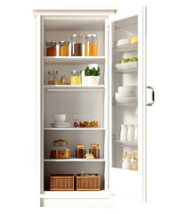 Organized white kitchen pantry with shelves and jars
