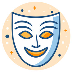 Smiling theatrical comedy mask illustration in a whimsical circular design with sparkling elements
