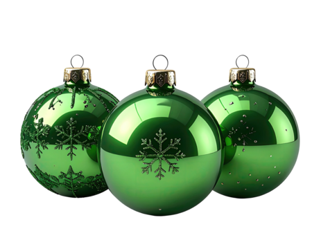 Three shiny green Christmas ornaments