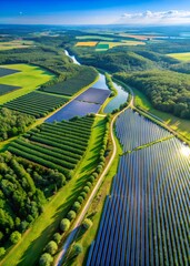 Aerial view of solar panel farm in green field with river and forest under blue sky on a sunny day