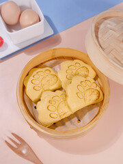 Tiger Paw Print Steamed Buns in Bamboo Steamer - Cute Asian Food Photography